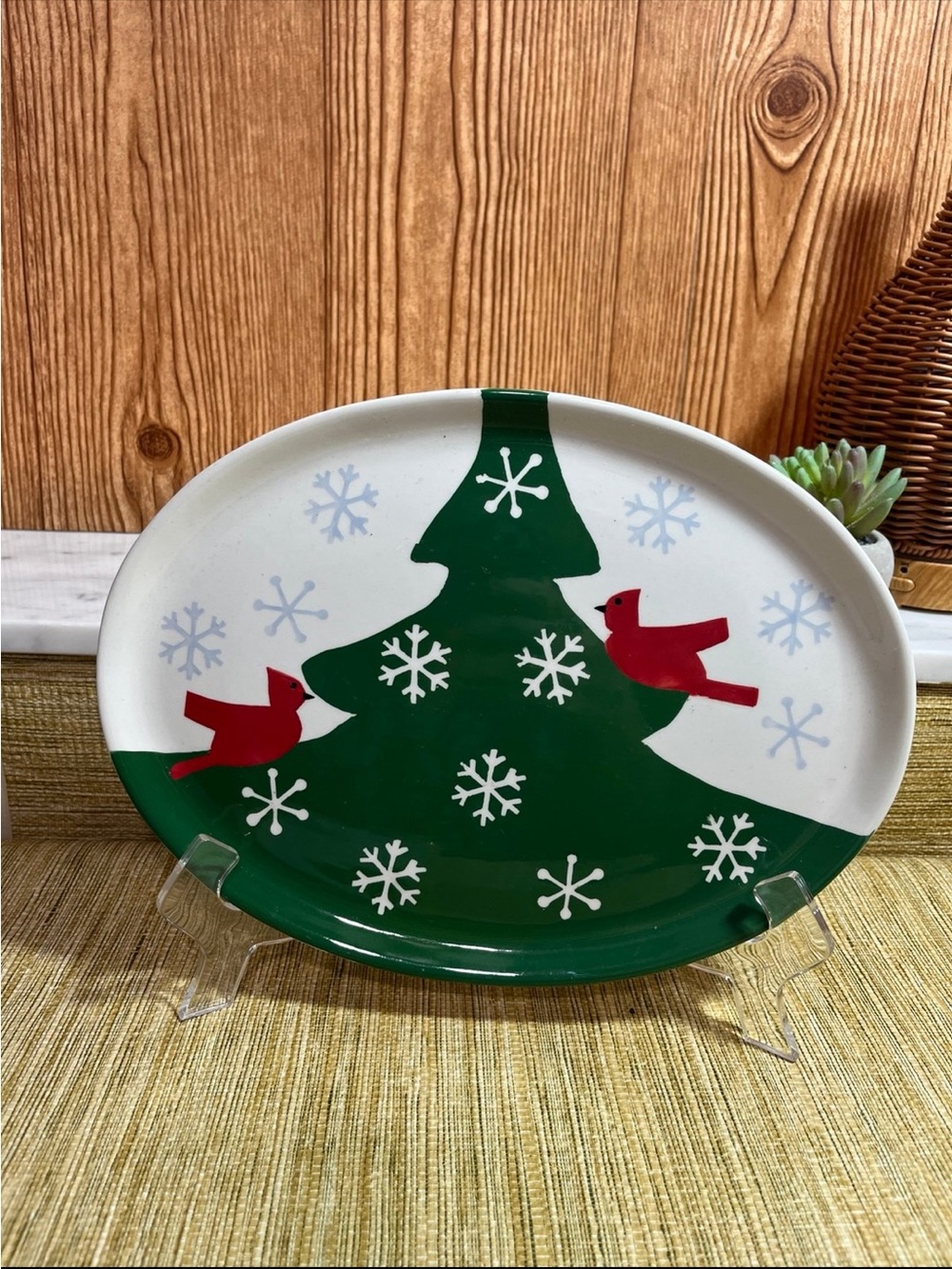 Princess House Cardinal Holiday Evergreen Tree Ceramic Serving Platter -
